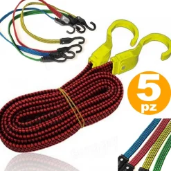 CORDA ELASTICA CON GANCI PER BICI, MOTO, AUTO 5 PEZZI DA 1,5 M X 2 CM