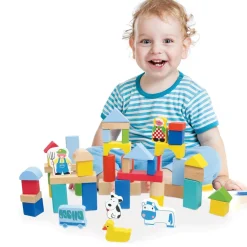 COSTRUZIONI IN LEGNO 50PZ BLOCCHI MATTONCINI COSTRUZIONE BAMBINI CON CONTENITORE