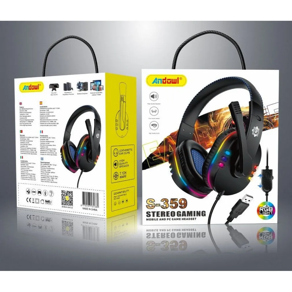 CUFFIE GIOCO GAMING OVER-EAR STEREO PORTA USB LUCI LED RGB PER PC PS3 PS4 S-359