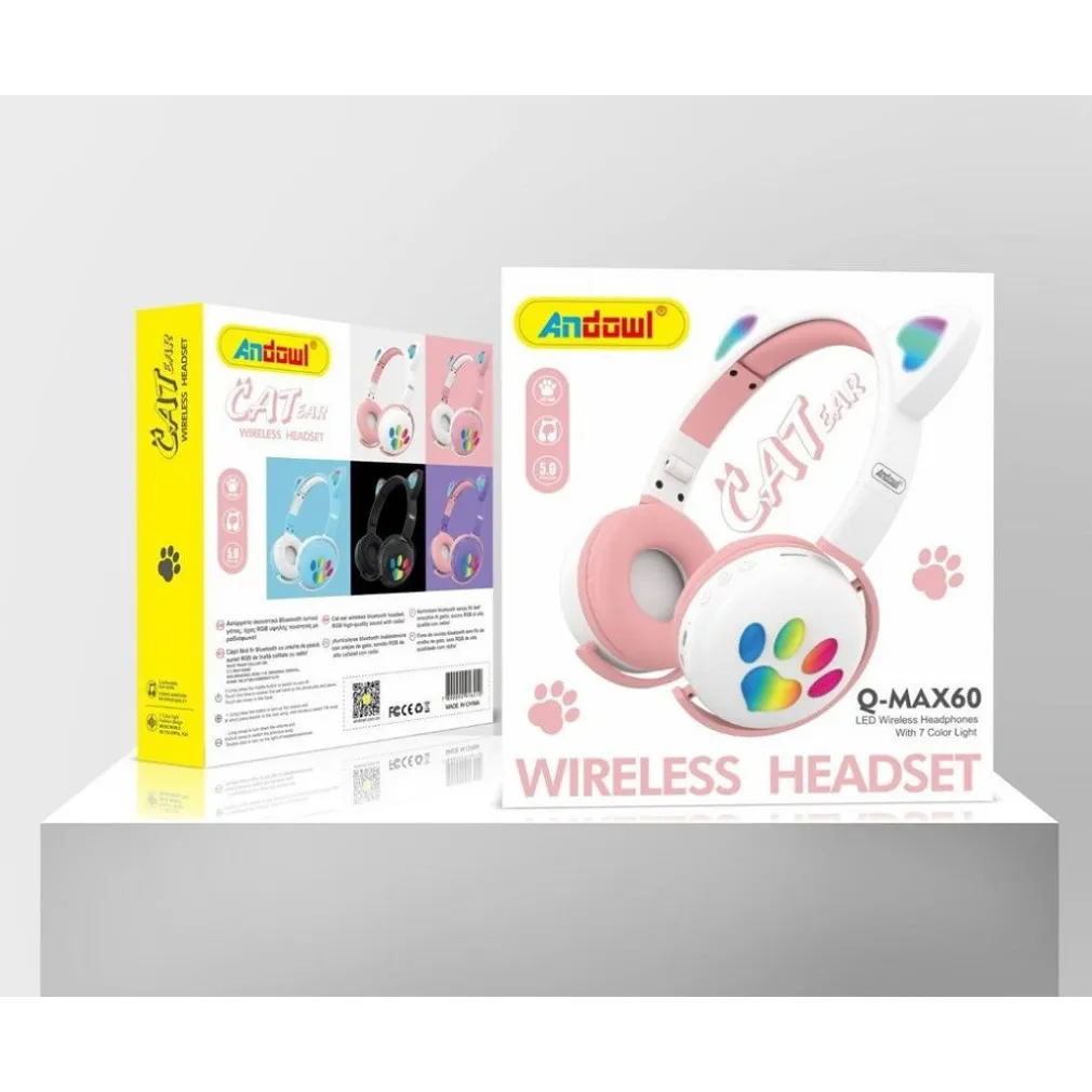 CUFFIE LED WIRELESS CON ORECCHIE DA GATTO CON 7 COLORI DI LUCE BLUETOOTH Q-MAX60