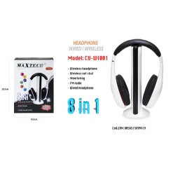 CUFFIE WIFI WIRELESS PER TV PC MP3 SENZA FILI CON RADIO FM MUSICA STEREO MAXTECH CU-WI001