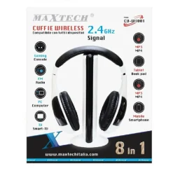 CUFFIE WIFI WIRELESS PER TV PC MP3 SENZA FILI CON RADIO FM MUSICA STEREO MAXTECH CU-WI001