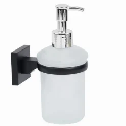 DISPENSER DOSATORE EROGATORE SAPONE DA MURO PARETE NERO IN ACCIAIO VETRO BAGNO