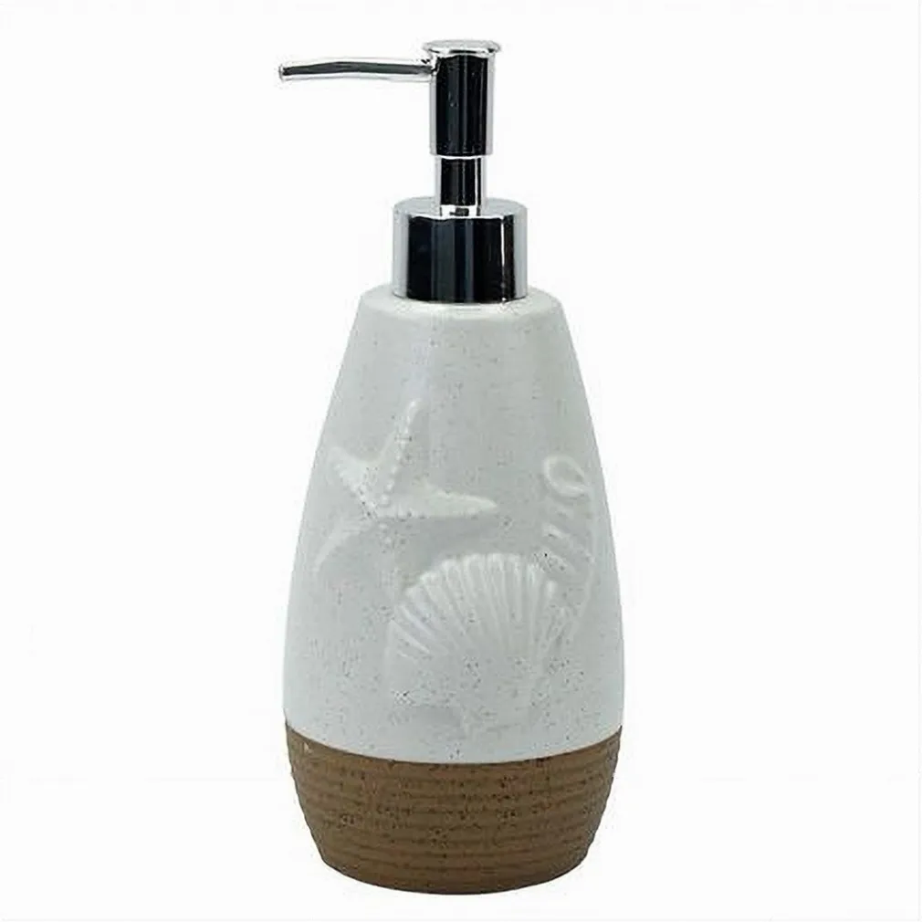 DISPENSER PER SAPONE LIQUIDO BIANCO DECORO MARINO BASE RIGATA MARRONE BAGNO 79268