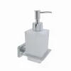 DISPENSER SAPONE CUBICO DA MURO IN ACCIAIO VETRO SATINATO 16CM ARREDO BAGNO 87215