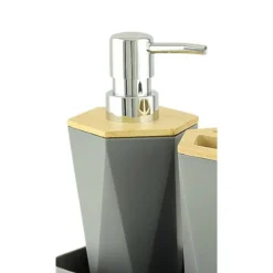 DISPENSER SAPONE LIQUIDO A CILINDRO ESAGONALE GEOMETRICO GRIGIO LEGNO DA BAGNO 10846