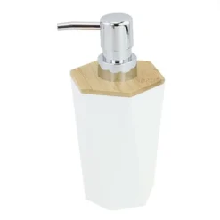 DISPENSER SAPONE LIQUIDO A CILINDRO ESAGONALE GEOMETRICO BIANCO LEGNO DA BAGNO 10836