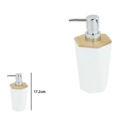DISPENSER SAPONE LIQUIDO A CILINDRO ESAGONALE GEOMETRICO BIANCO LEGNO DA BAGNO 10836