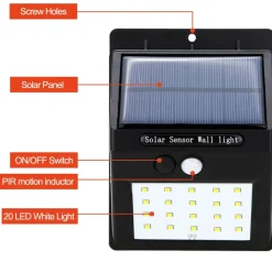 FARETTO FARO 20 LED CON PANNELLO SOLARE SENSORE DI MOVIMENTO E CREPUSCOLARE