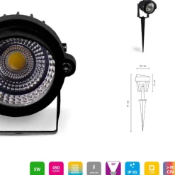 FARETTO FARO COB LED DA GIARDINO 5W WATT SUPPORTO PICCHETTO LUCE VERDE IP 65
