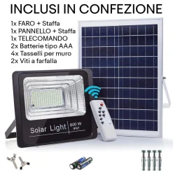 FARETTO LED ESTERNO CON PANNELLO ENERGIA SOLARE 800 W BATTERIA 12 ORE FARO IP67