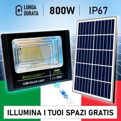 FARETTO LED ESTERNO CON PANNELLO ENERGIA SOLARE 800 W BATTERIA 12 ORE FARO IP67