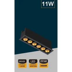 FARETTO LED RETTANGOLARE INCASSO 11W LUCE 6000K 4000K 3000K MODERNO NERO XTD-6-N
