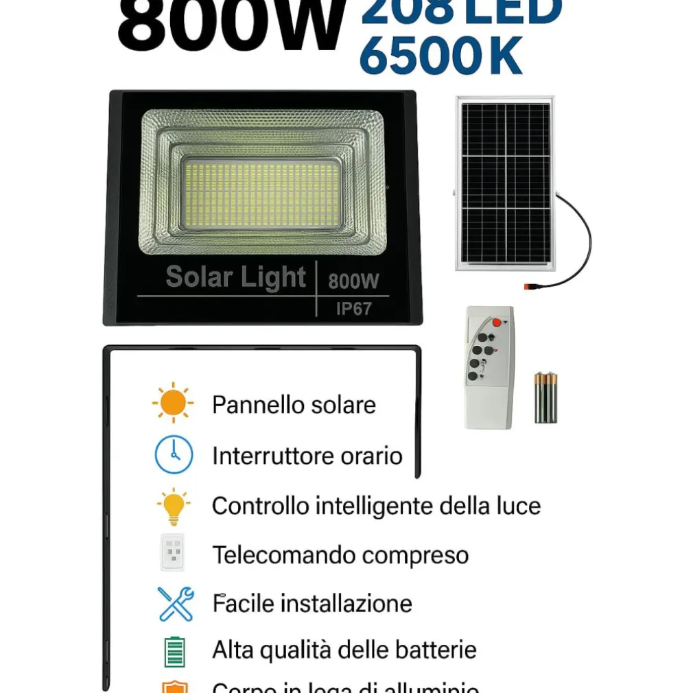 Faretto solare 800W impermeabile con pannello fotovoltaico e telecomando