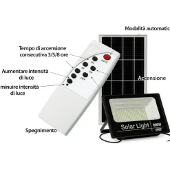 Faretto solare 800W impermeabile con pannello fotovoltaico e telecomando