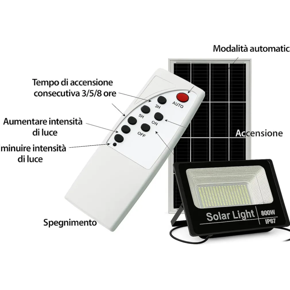 Faretto solare 800W impermeabile con pannello fotovoltaico e telecomando