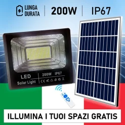 FARO A LED CON PANNELLO SOLARE 200 W LUCE BIANCA FREDDA 6500K BATTERIE AL LITIO