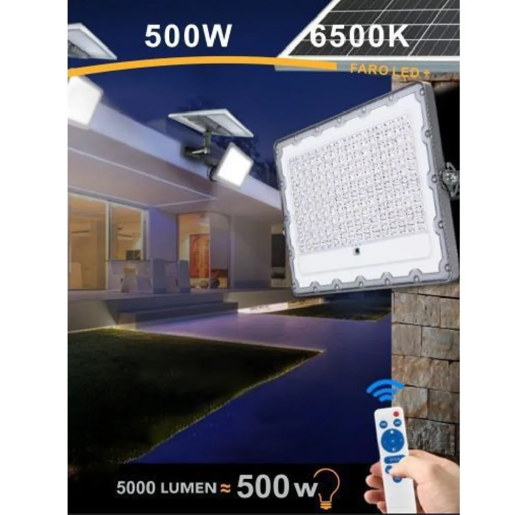 FARO LED 500 W CREPUSCOLARE CON PANNELLO ENERGIA SOLARE TELECOMANDO IP65 SL-500W