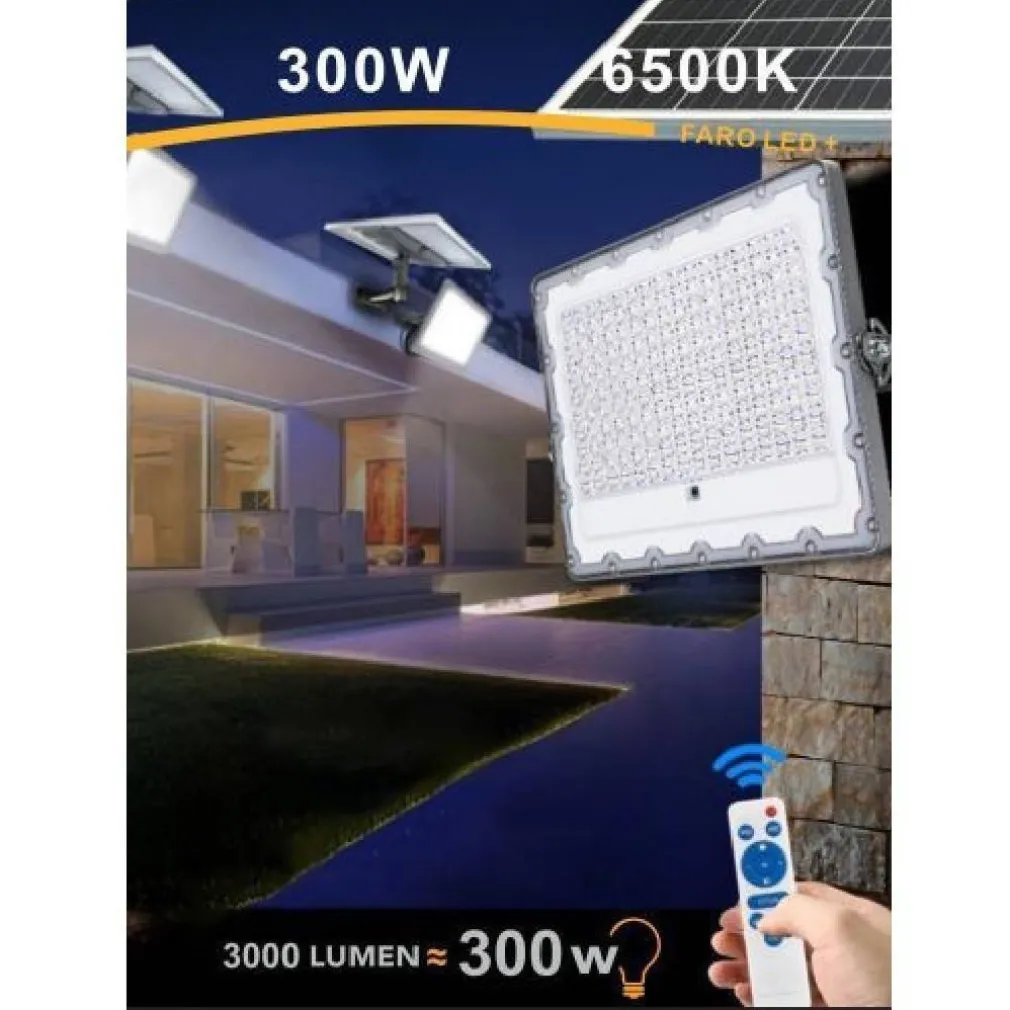 FARO LED 300 WATT CREPUSCOLARE PANNELLO ENERGIA SOLARE TELECOMANDO IP65 SL-300W