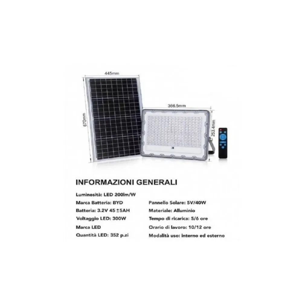 FARO LED 300 WATT CREPUSCOLARE PANNELLO ENERGIA SOLARE TELECOMANDO IP65 SL-300W