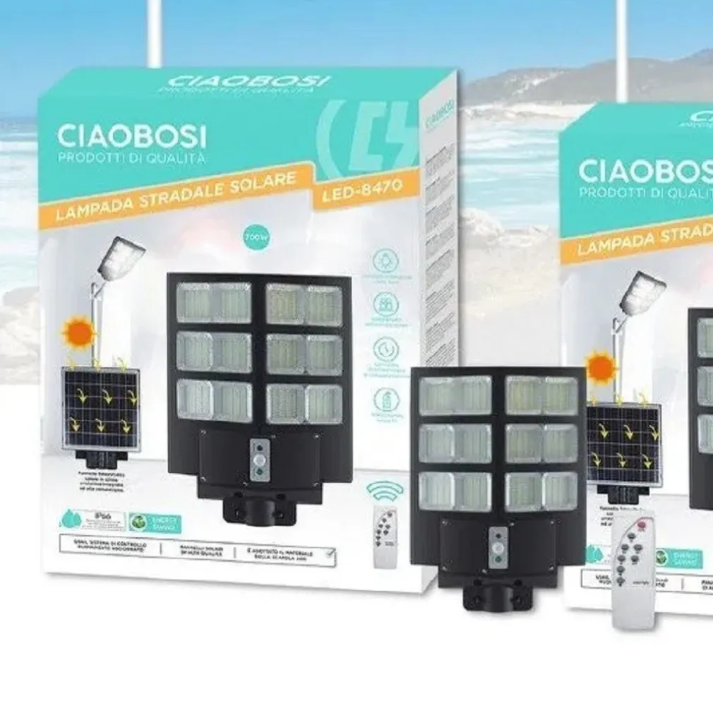 FARO LED LAMPIONE STRADALE 700W PANNELLO SOLARE SENSORE CREPUSCOLARE IP67 LED-8470
