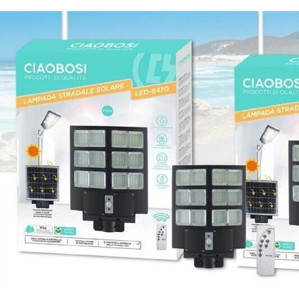 FARO LED LAMPIONE STRADALE 700W PANNELLO SOLARE SENSORE CREPUSCOLARE IP67 LED-8470