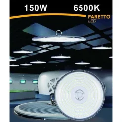 FARO LED SLIM INDUSTRIALE 150W UFO LAMPADA RIFLETTORE IP65 LUCE FREDDA HE02-150W