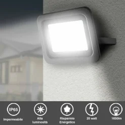 FARO LED 20W LUCE ALTA LUMINOSITA 1650LM FARETTO ESTERNO SLIM BIANCO FREDDO IP65