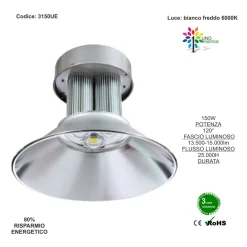 FARO PROIETTORE FARETTO CON CAMPANA INDUSTRIALE A LED 150WATT LUCE BIANCO FREDDO