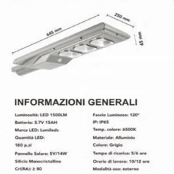 FARO STRADALE LED LAMPIONE SOLARE 150W LUCE 6500K SENSORE MOVIMENTO SL-150W-SS