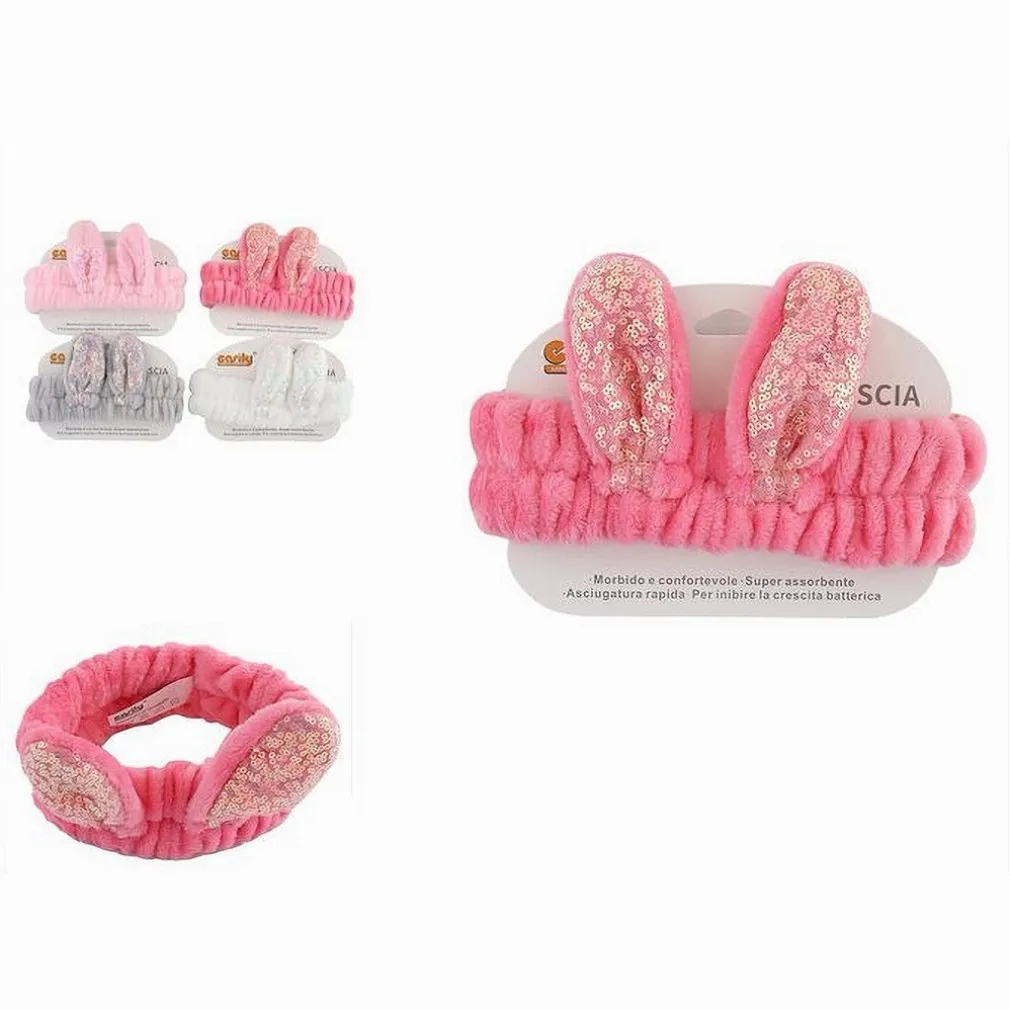 FASCIA CAPELLI DOCCIA SHAMPOO TRUCCO SPUGNA ORECCHIE CONIGLIO PAILLETTES 59686