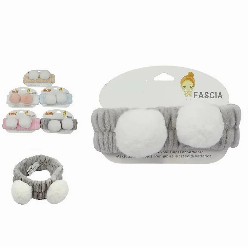 FASCIA PER CAPELLI DOCCIA SHAMPOO TRUCCO SPUGNA ORECCHIE PON PON 5 COLORI 79297