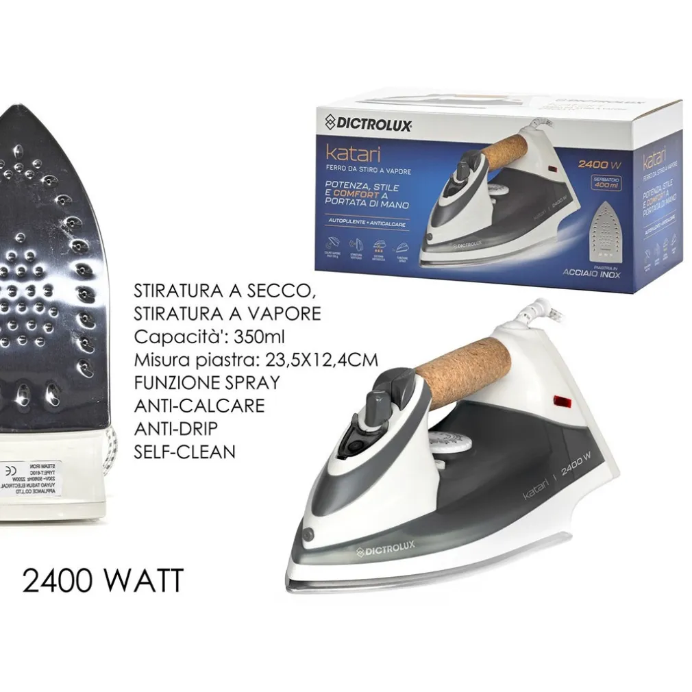 FERRO DA STIRO A VAPORE 2400 WATT 400ML AUTOPULENTE ANTICALCARE CON MANICO IN SUGHERO