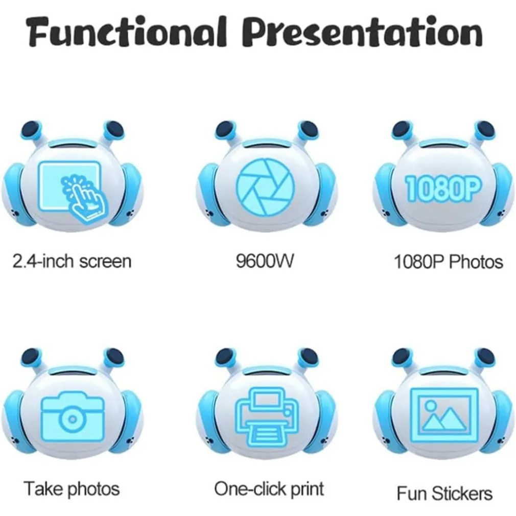 FOTOCAMERA A STAMPA ISTANTANEA PER BAMBINI DIGITALE 1080P DOPPIO OBIETTIVO CON CARTA