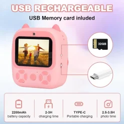 FOTOCAMERA ISTANTANEA BAMBINI DIGITALE HD 1080P 4 ROTOLI SCHEDA SD DOPPIA LENTE