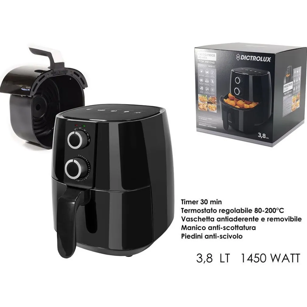 FRIGGITRICE AD ARIA 3,8LT 1450W MANOPOLA TIMER TERMOSTATO REGOLABILE PIEDINI ANTI-SCIVOLO
