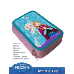 FROZEN PORTAPASTELLI 3D ASTUCCIO 3 ZIP CERNIERE 36 PEZZI COLORI E MATITE SCUOLA