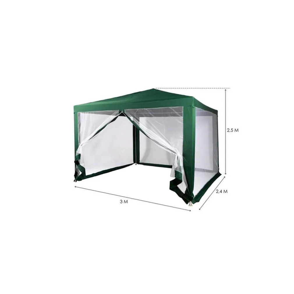 GAZEBO 2,4 X 3 X 2,50 MT TENDONE GIARDINO TELO VERDE IMPERMEABILE CON ZANZARIERA