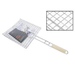 GRIGLIA QUADRA BARBECUE DOPPIA GRILL MANICO LEGNO GRATICOLA ARROSTO PESCE 28X28CM