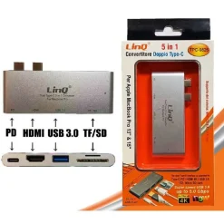HUB 5 IN 1 CONVERTITORE DOPPIO TYPE-C LETTORE SCHEDE ADATTATORE MACBOOK TPC-9825
