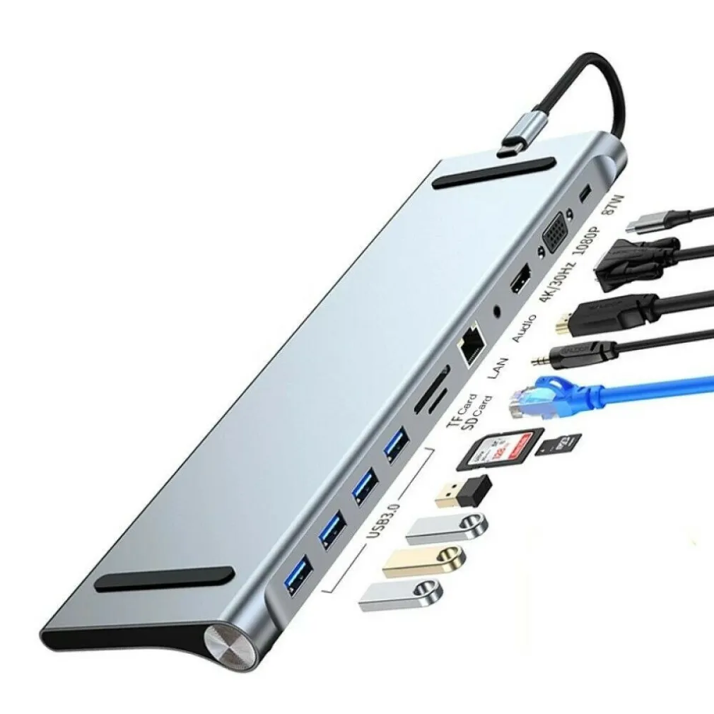 HUB 11 IN 1 USB TYPE C ADATTATORE CON HDMI 4K VGA ETHERNET LAN SD AUDIO PD HU990