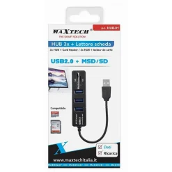 HUB 3 PORTE USB 2.0 + LETTORE DI SCHEDE MEMORIA MICRO SD/SD DATI RICARICA HUB-01