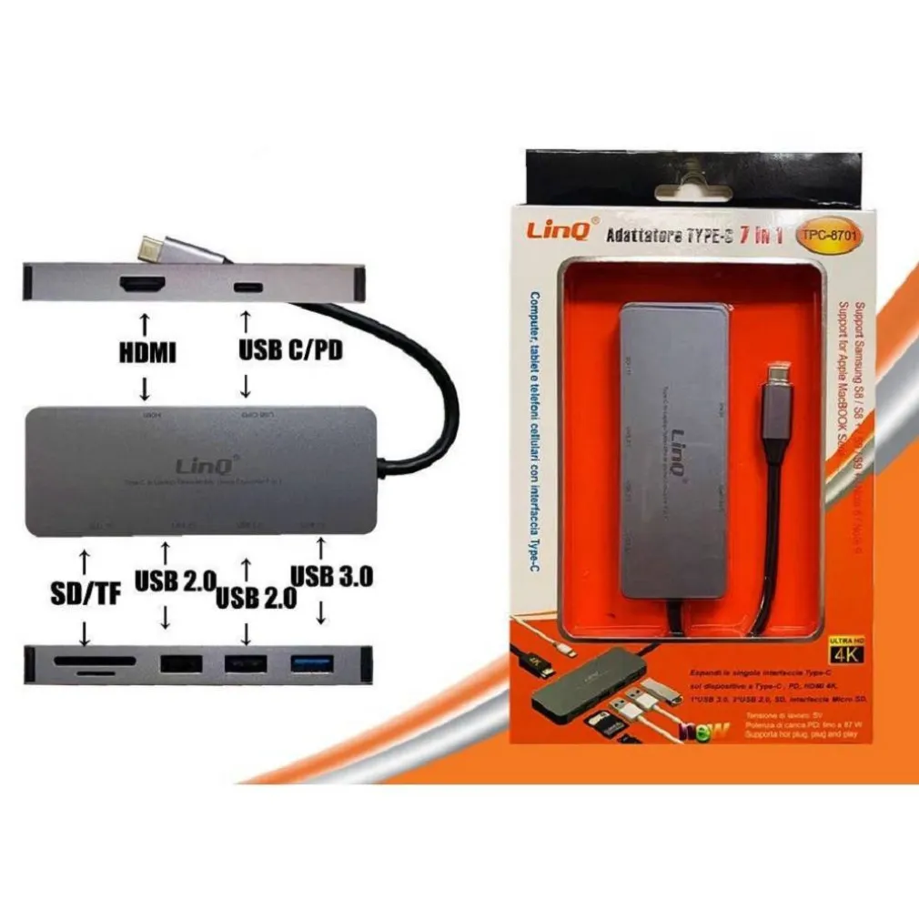 HUB TYPE-C 7IN1 USB-C PD HDMI 4K USB3.0 2XUSB2.0 LETTORE SCHEDA MICROSD/SD TPC-8701