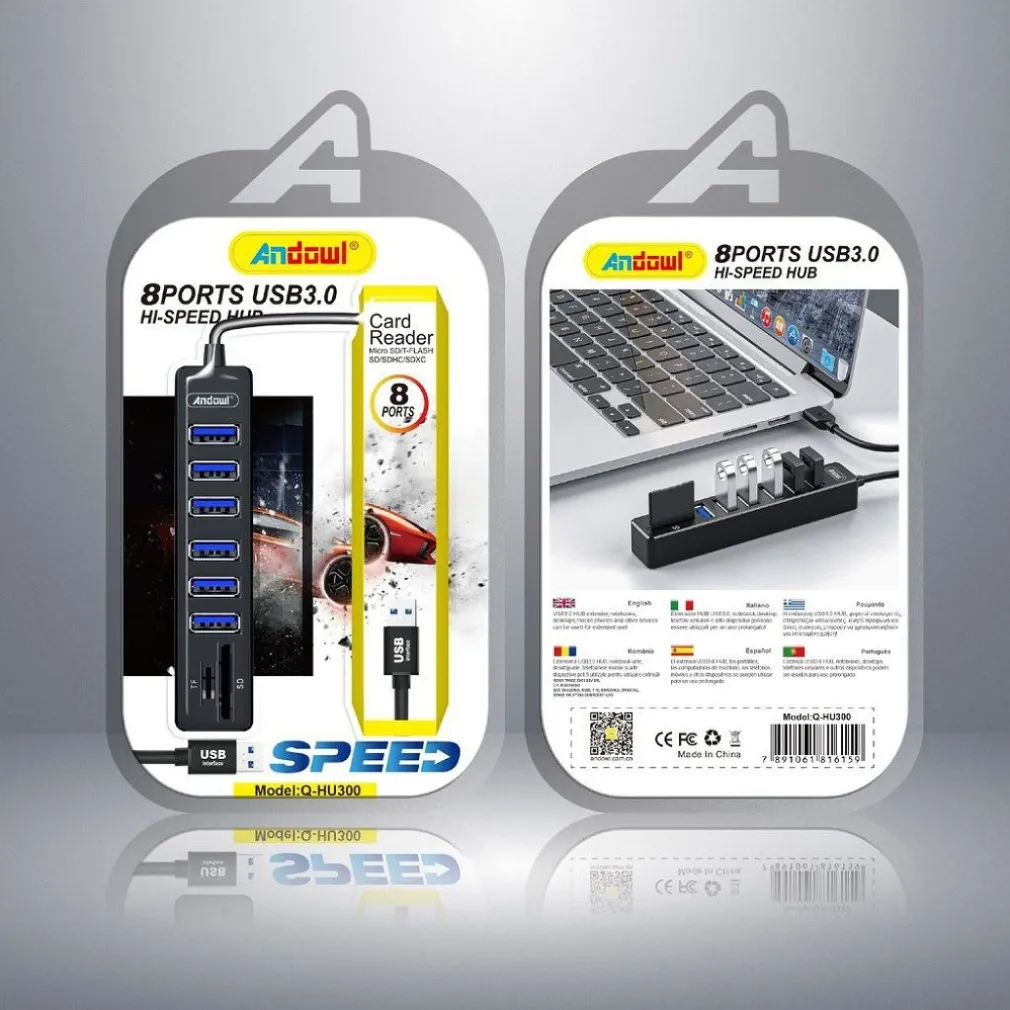 HUB USB 3.0 A 8 PORTE CON SLOT PER SCHEDE SD TF COMPUTER LAPTOP HI-SPEED Q-HU300