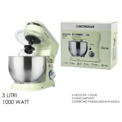 IMPASTATRICE PLANETARIA DA CUCINA 1000W 5LT CON COPERCHIO PARASCHIZZI 3 GANCI 6 VELOCITÀ