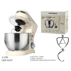 IMPASTATRICE PLANETARIA DA CUCINA 1000W 5LT CON COPERCHIO PARASCHIZZI 3 GANCI 6 VELOCITÀ
