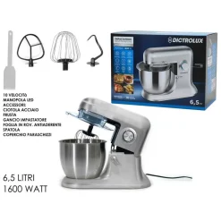 IMPASTATRICE PLANETARIA MULTIFUNZIONE 10 VELOCITÀ 3 FRUSTE CIOTOLA 6,5LT 1600W MANOPOLA LED