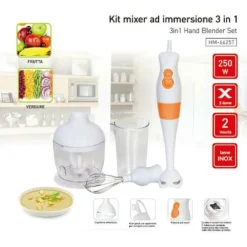 3IN1 MIXER AD IMMERSIONE KIT 2 VELOCITA' 250WATT 65MM FRUTTA VERDURA CUCINA CASA