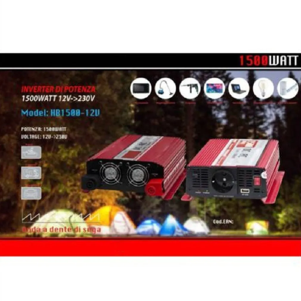 INVERTER POTENZA DA 12V A 230V TENSIONE 1500W PER CAMPER AUTO MAXTECH HB1500-12V