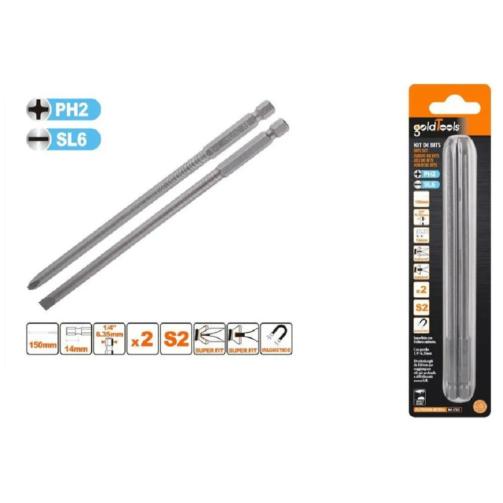 KIT 2 BITS 150MM GAMBO 1/4" 6.35MM PUNTA S2 MAGNETICA CROCE PH2 TAGLIO SL6 57251
